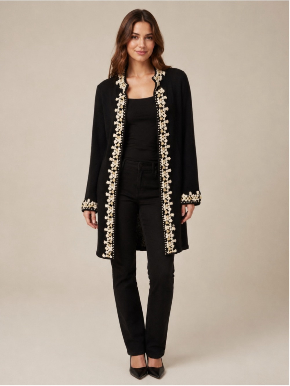 Moda International Women’s M Black Embroidered Wool Blend Duster Cardigan